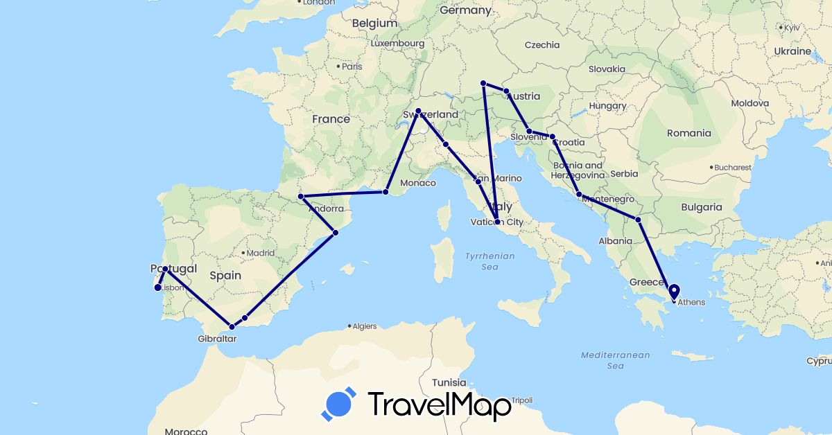 TravelMap itinerary: driving in Austria, Bosnia and Herzegovina, Switzerland, Germany, Spain, France, Greece, Croatia, Italy, Macedonia, Portugal, Slovenia (Europe)