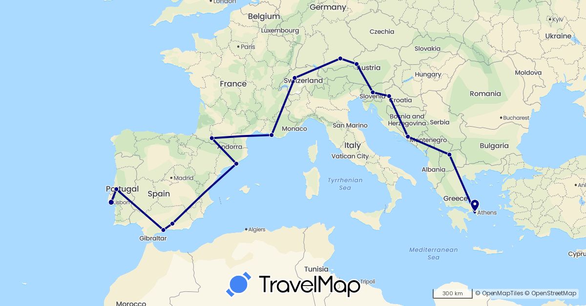 TravelMap itinerary: driving in Austria, Bosnia and Herzegovina, Switzerland, Germany, Spain, France, Greece, Croatia, Macedonia, Portugal, Slovenia (Europe)